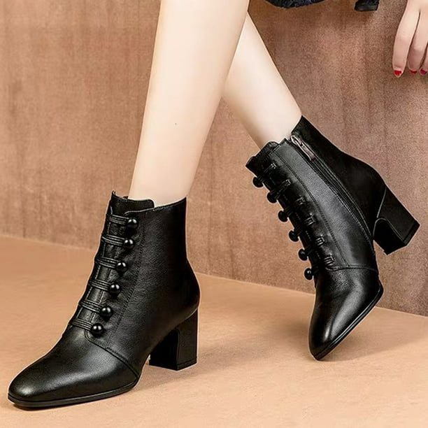 Details about   Women Comfort Office Leather Square Heel Round Toe Lace-up Zip Short Ankle Boots